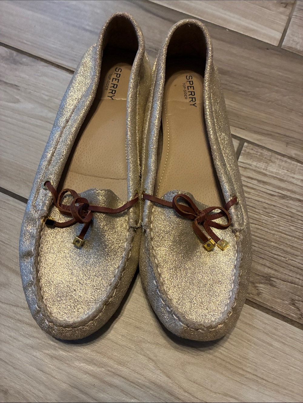 Sperry Women's Gold Metallic Moccasin Loafers with Brown Bow